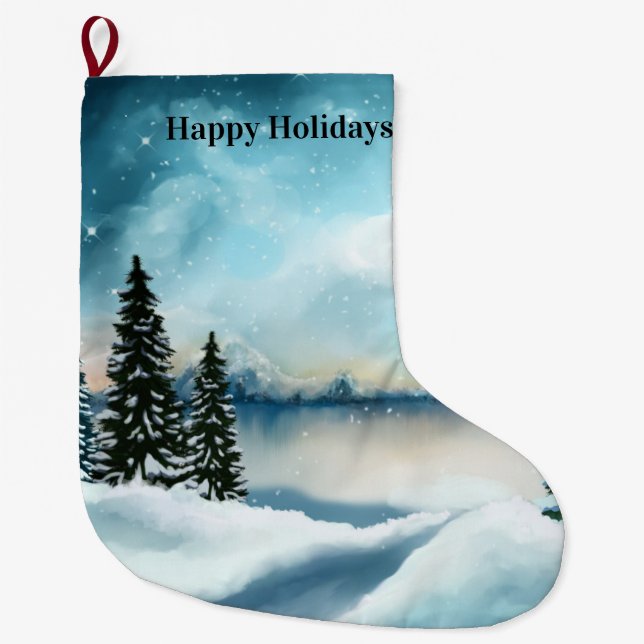 Grande Chaussette De Noël Pins enneigés près d'un lac       (Devant)