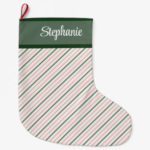 Grande Chaussette De Noël Pinstripe rose et vert avec nom