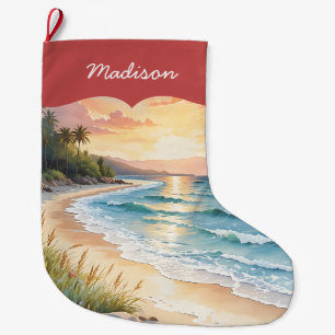 Grande Chaussette De Noël Plage côtière personnalisée et océan bleu de sable