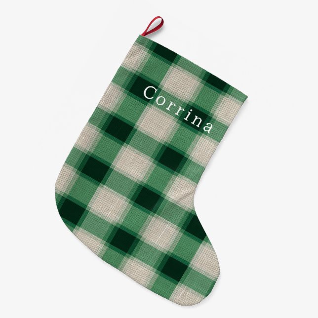 Grande Chaussette De Noël Plaid à la crème verte (Devant (Accrochage))