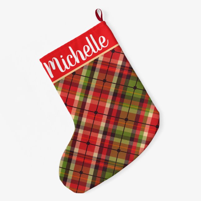 Grande Chaussette De Noël Plaid avec nom (Dos (Accrochage))