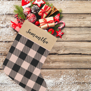 Grande Chaussette De Noël Plaid rose moderne et nom Noël