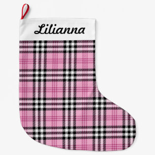 Grande Chaussette De Noël Plaid rose personnalisé