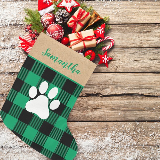Grande Chaussette De Noël Plaid vert moderne et nom Chien Paw (Créateur téléchargé)
