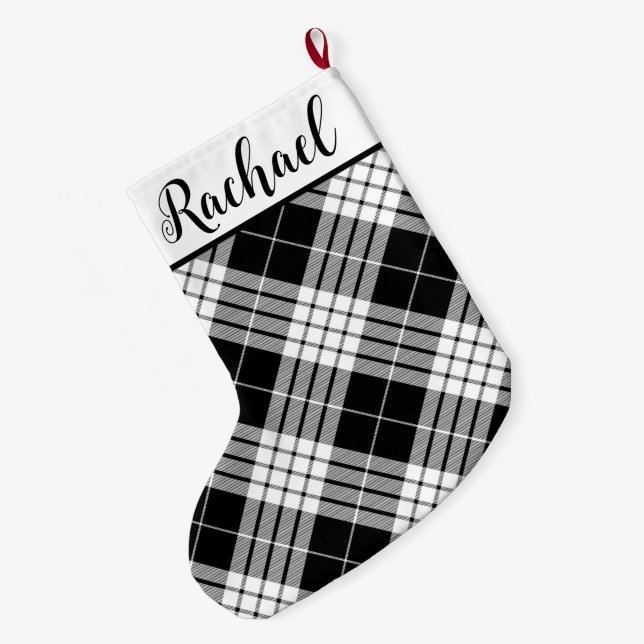 Grande Chaussette De Noël Plaqué noir et blanc avec nom (Dos (Accrochage))