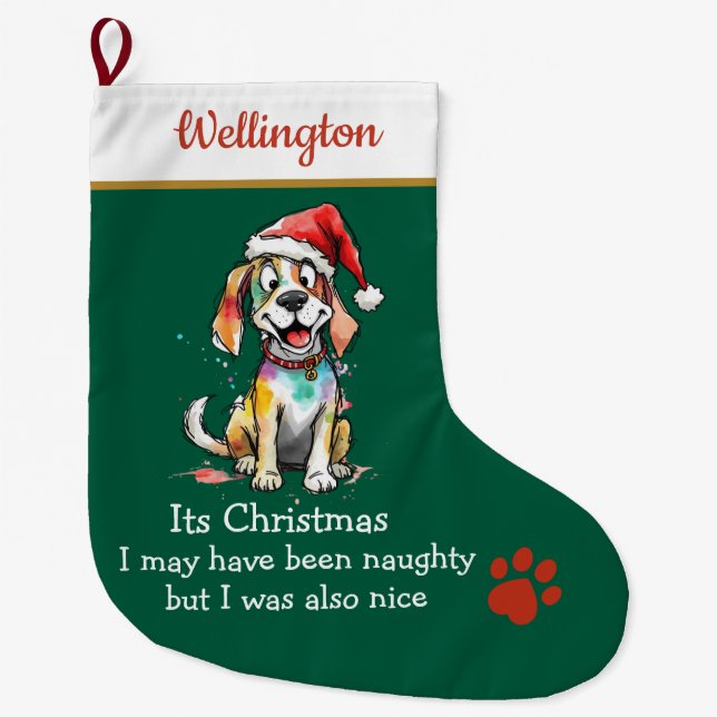 Grande Chaussette De Noël Playful Dog Christmas Stocking –  Cute Festive (Devant)