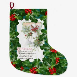 Grande Chaussette De Noël Poème vintage de Noël de baie de houx de carte de