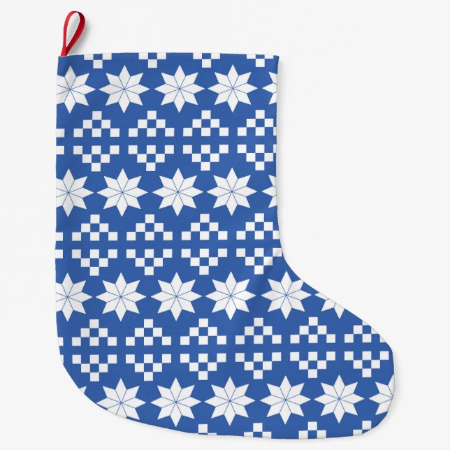 Grande Chaussette De Noël Poinsettias blanches sur le stock de Noël bleu (Devant)