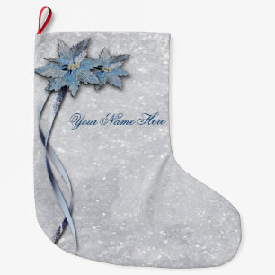 Grande Chaussette De Noël Poinsettias bleues sur l'argent