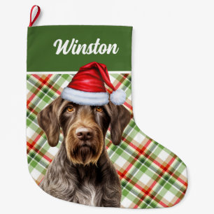 Grande Chaussette De Noël Pointeur À poils durs mignon Rouge Vert Plaid Pers