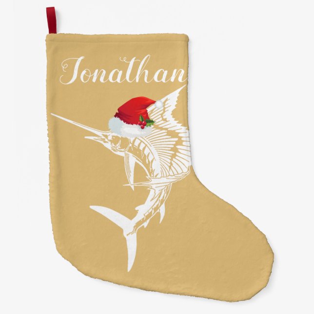 Grande Chaussette De Noël Poisson à voile avec stockage de chapeau de Santa (Devant)
