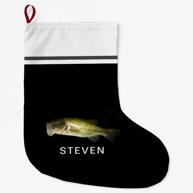 Grande Chaussette De Noël Poisson de basse à grande bouche Nom personnalisé (Devant)