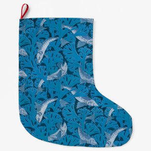 Grande Chaussette De Noël Poisson Nage d'algues Coral Bleu Vintage Classique