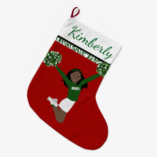 Grande Chaussette De Noël Pom-pom girl Afro-Américain En Vert Et Blanc