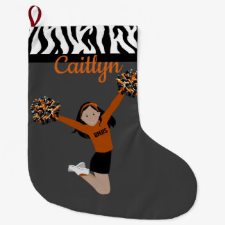 Grande Chaussette De Noël Pom-pom girl Avec Cheveux Noir En Noir Et Orange