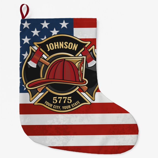 Grande Chaussette De Noël Pompier Secourt incendie Département USA Drapeau p (Devant)