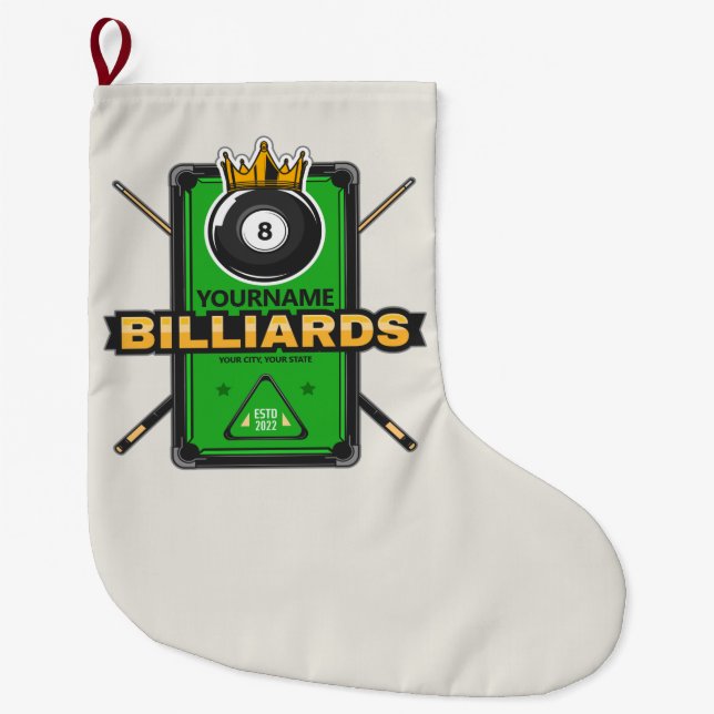 Grande Chaussette De Noël Pool Hall personnalisé NOM 8 Ball Crown Billiards (Devant)