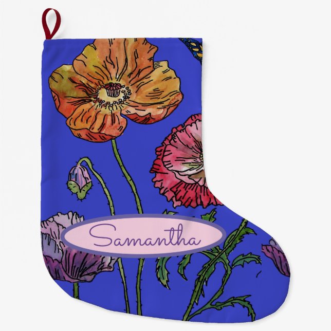 Grande Chaussette De Noël Poppies de pavot bleu orange rouge Art floral (Devant)