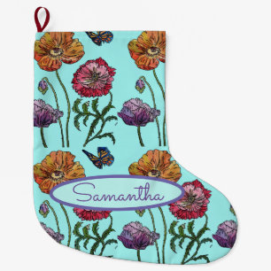 Grande Chaussette De Noël Poppies de pavot orange rouge Aquamarine Floral Fl