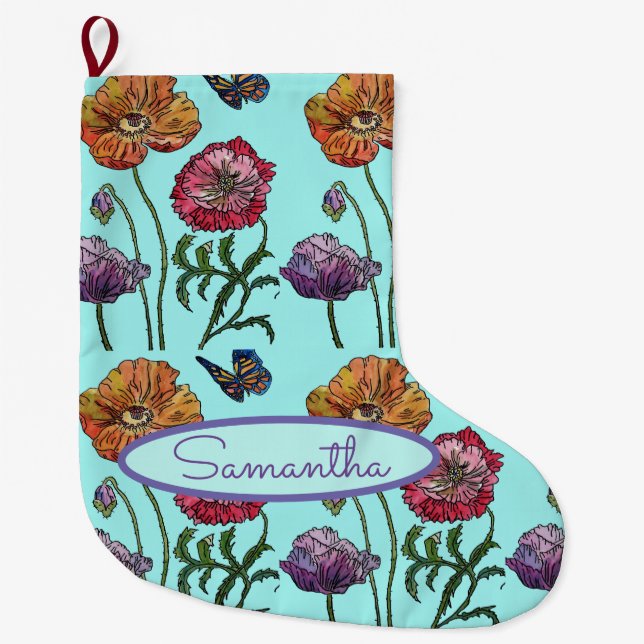 Grande Chaussette De Noël Poppies de pavot orange rouge Aquamarine Floral Fl (Devant)