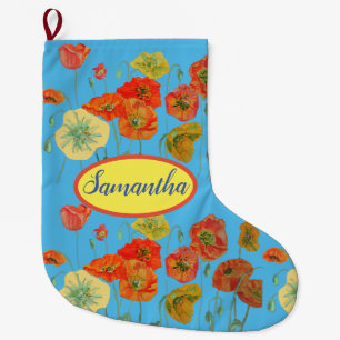 Grande Chaussette De Noël Poppies Orange Jaune Fleurs Florales Bleues Grande