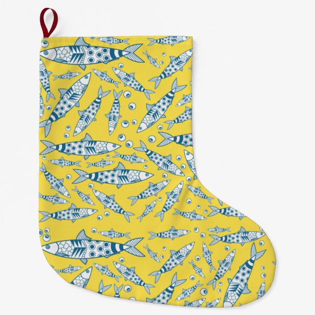 Grande Chaussette De Noël Portugais Lisbonne Sardines Motif Azulejos Jaune (Devant)