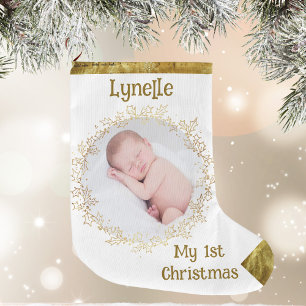 Grande Chaussette De Noël Premier Noël de bébé, Photo, Nom, Or, Blanc
