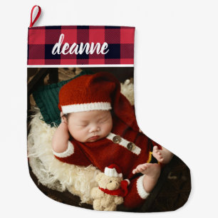 Grande Chaussette De Noël Première photo de Noël du bébé rouge 1