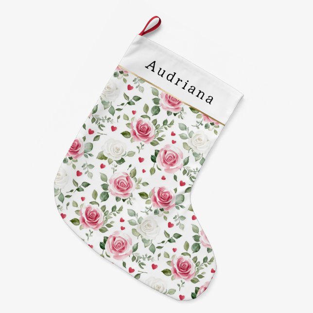 Grande Chaussette De Noël Pretty White Pink Hearts Roses Floral Christmas (Devant (Accrochage))