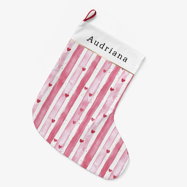 Grande Chaussette De Noël Pretty White Pink Hearts Stripes Christmas (Devant (Accrochage))