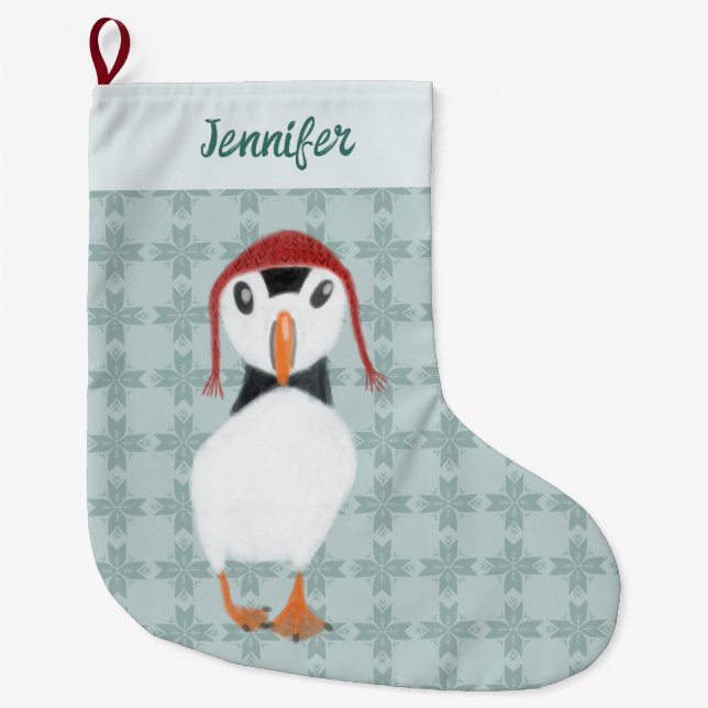 Grande Chaussette De Noël Puffin en hiver Casquette personnalisé (Devant)