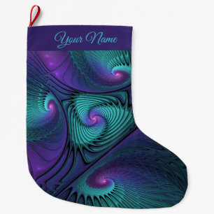Grande Chaussette De Noël Purple Turquoise Moderne Abstrait Fractal Art Nom