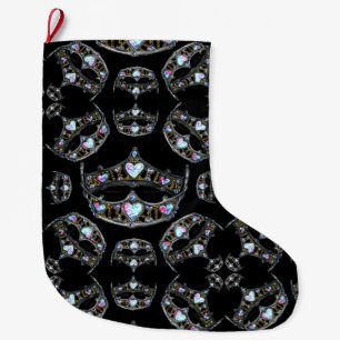 Grande Chaussette De Noël Queen Hearts Silver Crowns Tiaras noir bas