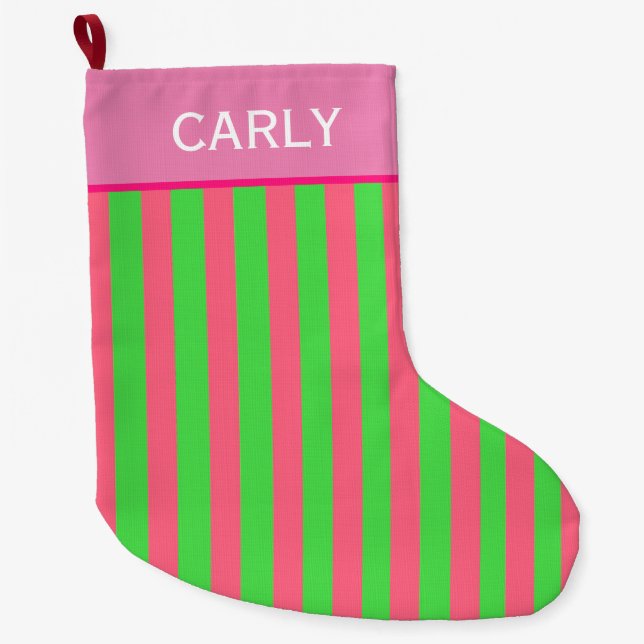 Grande Chaussette De Noël Rayé rose et vert (Devant)