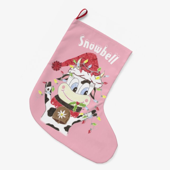 Grande Chaussette De Noël Récipiendaire de Noël rose vache personnalisé (Devant (Accrochage))