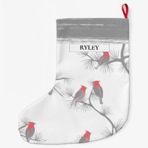 Grande Chaussette De Noël Red Birds Grey Branches Motif Monogramme