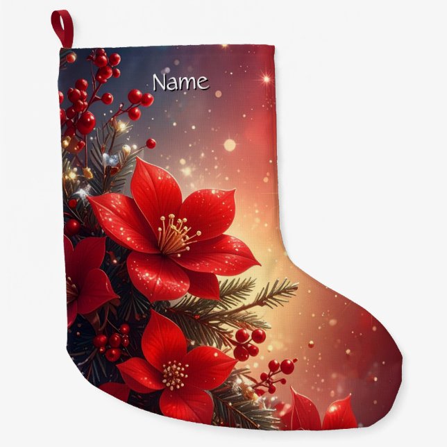 Grande Chaussette De Noël Red Christmas Floral Holiday Stocking (Devant)