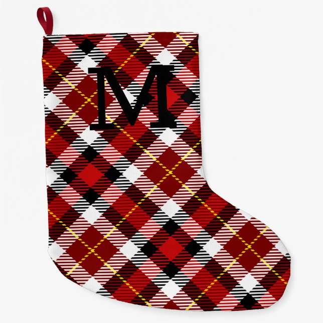 Grande Chaussette De Noël Red Christmas Plaid INITIAL Festive Holiday (Devant)