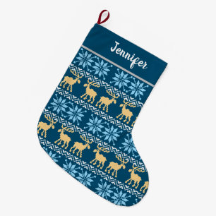 Grande Chaussette De Noël Red Christmas Snowflakes Elk Nordic Blue Motif