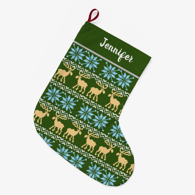 Grande Chaussette De Noël Red Christmas Snowflakes Elk Nordic Green Motif (Devant (Accrochage))