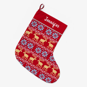 Grande Chaussette De Noël Red Christmas Snowflakes Elk Nordic Motif