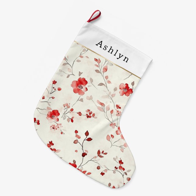 Grande Chaussette De Noël Red Cream White Floral Christmas   (Devant (Accrochage))