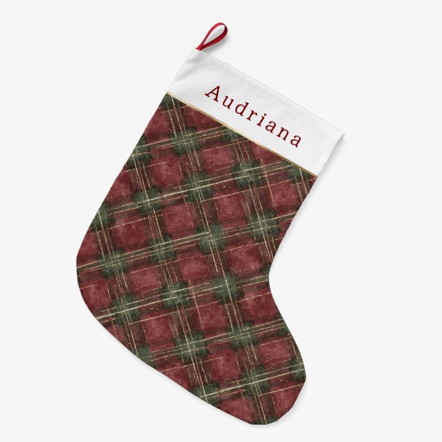 Grande Chaussette De Noël Red Green Plaid Stripes Christmas (Devant (Accrochage))