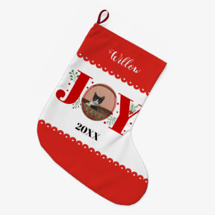 Grande Chaussette De Noël Red Joy avec baies Noël photo chat animal
