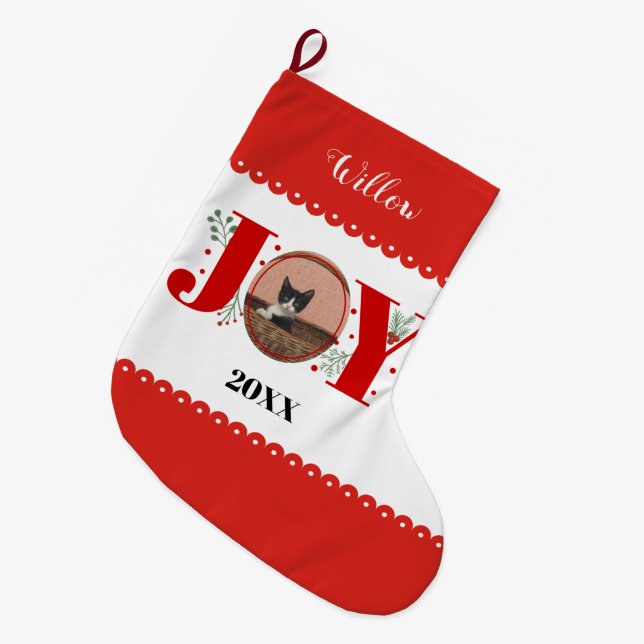 Grande Chaussette De Noël Red Joy avec baies Noël photo chat animal (Devant (Accrochage))