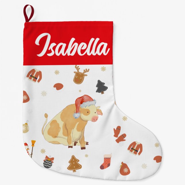 Grande Chaussette De Noël Red Joyeux Noël vache Noël chapeau de Noël Enfants (Devant)