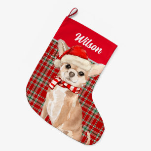 Grande Chaussette De Noël Red Plaid et Tan Chihuahua avec le nom du chien