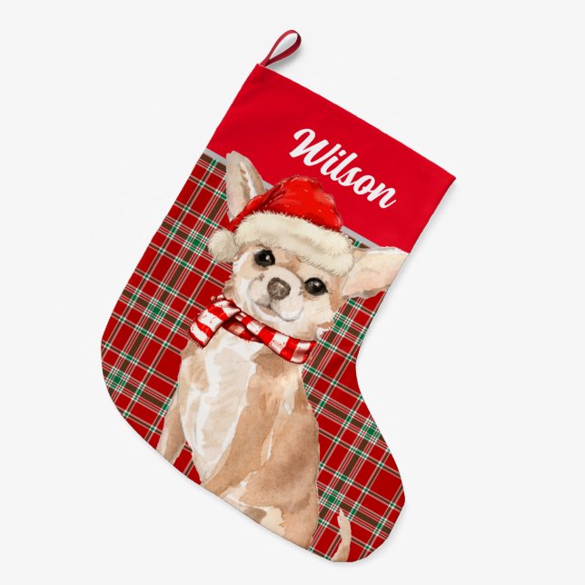Grande Chaussette De Noël Red Plaid et Tan Chihuahua avec le nom du chien (Devant (Accrochage))