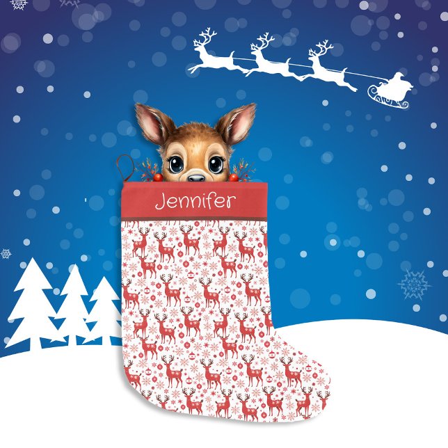 Grande Chaussette De Noël Red Reindeer et Snowflake Personnalisé (Créateur téléchargé)