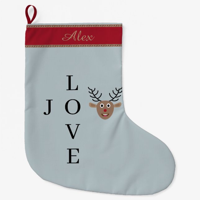 Grande Chaussette De Noël Reindeer Joy Love Light Blue Red Nom personnalisé (Devant)